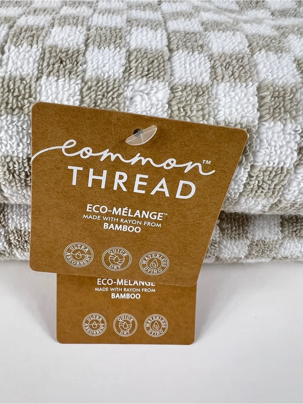 Common Thread 2 Pc Bamboo Bath Towels Tan and White Check Print Soft Cotton NEW